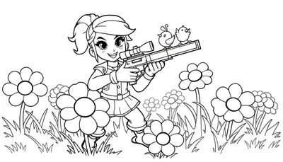 Página para colorear de Piper de Brawl Stars con un pollito en un campo de flores, lista para la acción.