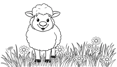 Ovejita lanuda en un campo de flores, lista para colorear. Placa de color.