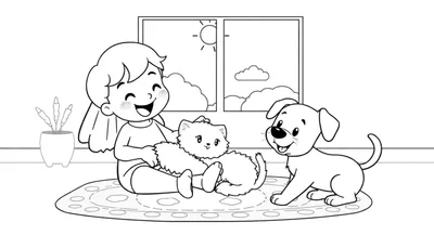 Placa de color Toca Boca: Niña sonriendo sentada con un gato en su regazo y un perro a su lado, cerca de una ventana y una planta.
