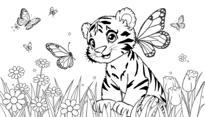 Placa de color: un cachorro de tigre con alas de mariposa en un campo de flores.