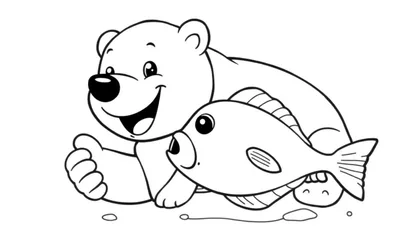Oso polar sonriente dando un pulgar arriba junto a un pez de hielo, listo para colorear en esta placa.