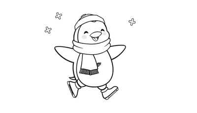 Placa de color de un pingüino animado feliz con gorro y bufanda patinando sobre hielo, con copos de nieve.