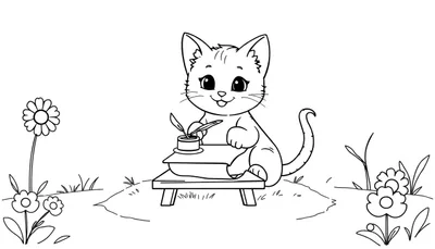Gatito practicando caligrafía en una placa de color.