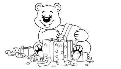 Placa de color de un oso de peluche feliz abriendo un regalo de cumpleaños.
