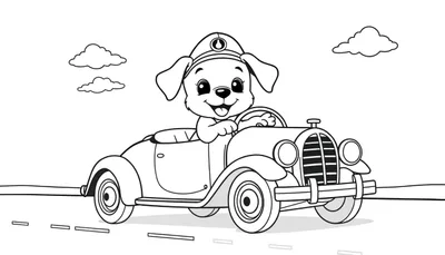 Cachorro Ford conduciendo un coche clásico, listo para colorear.