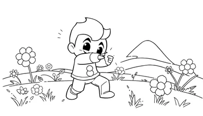 Un niño de dibujos animados con la camiseta del número 8 corriendo en un campo floral, apuntando un dedo, listo para la placa de color.