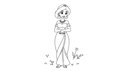 Página para colorear de la princesa Jasmine, con su placa de color lista para pintar.