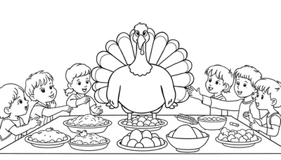 Placa de color en blanco y negro de un pavo y niños celebrando Acción de Gracias.