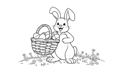 Placa de color de un conejito de Pascua feliz con una canasta llena de huevos.
