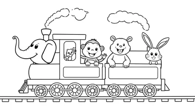 Placa de colorear de un tren de vapor amigable con animales felices como un elefante, mono, oso y conejo.