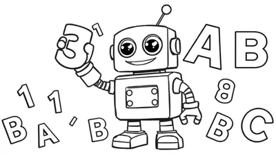 Un robot de dibujos animados amigable rodeado de letras y números, listo para ser coloreado en una placa de color.