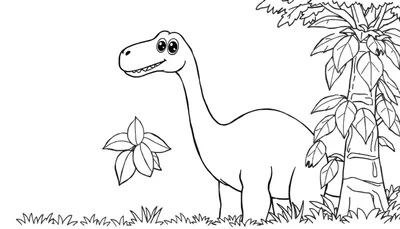 Placa de color de un dinosaurio Braquiosaurio amigable masticando hojas.