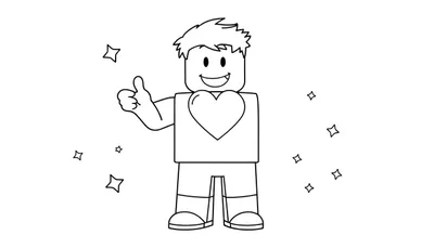 Un personaje de avatar de Roblox amigable, con una placa de color para colorear, sonriendo con un corazón grande y el pulgar hacia arriba.