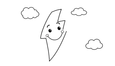 Placa de color de un rayo amigable con cara de caricatura rodeado de nubes.