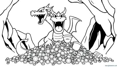 Dragón de dos cabezas Smaug sentado sobre un tesoro de monedas de oro y copas, listo para ser coloreado.