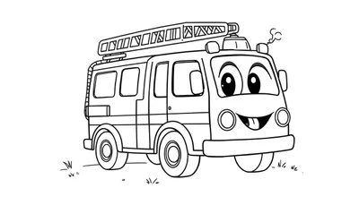 Un camión de bomberos amigable con placa de color sonriendo.