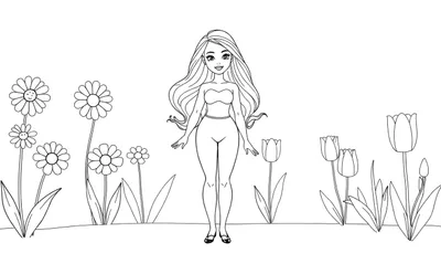 Placa de color en blanco y negro de una joven con cabello largo, vestida con un top sin tirantes y pantalones cortos, de pie en un campo lleno de margaritas a la izquierda y tulipanes a la derecha.