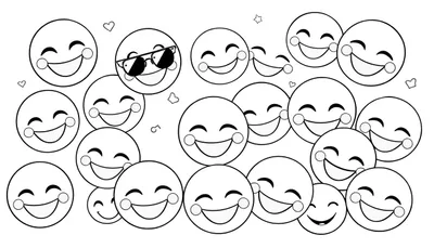Placa de color con emojis sonrientes en blanco y negro listos para colorear.