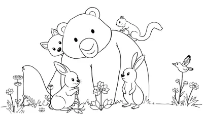 Dibujo lineal en blanco y negro de un gran oso de peluche en un bosque con una ardilla, un cervatillo, dos conejos y un pájaro cerca de flores, listo para colorear en la placa de color.
