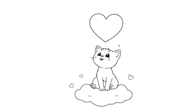 Placa de color de un lindo gatito soñador en una nube, con un corazón grande y corazones pequeños.