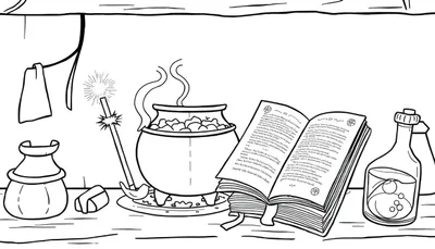 Ilustración en blanco y negro de una escena de alquimia con un caldero, varita, libro y poción, perfecta para colorear y agregar una placa de color.