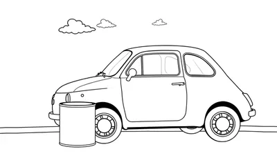 Un coche clásico estilo Fiat 500 listo para colorear, con una papelera al lado y nubes en el cielo.