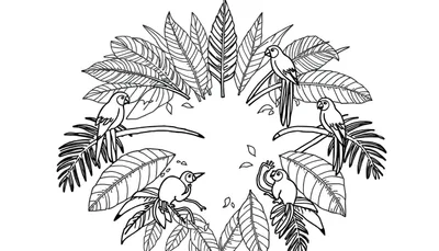 Una placa de color de un mandala con loros y monos entre hojas de palmera.