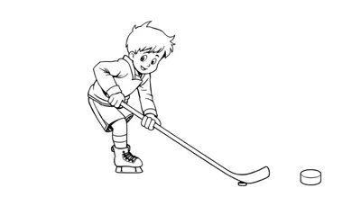 Placa de color de un niño feliz jugando al hockey sobre hielo.
