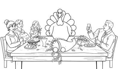 Página para colorear de una familia celebrando el Día de Acción de Gracias con un pavo y comida en una mesa, lista para colorear. La placa de color incluye el pavo y la familia.
