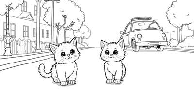 Una placa de color en blanco y negro de dos gatitos adorables y un coche antiguo.