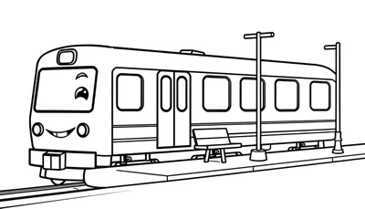 Un tren sonriente de metro en una estación con una placa de color para colorear.