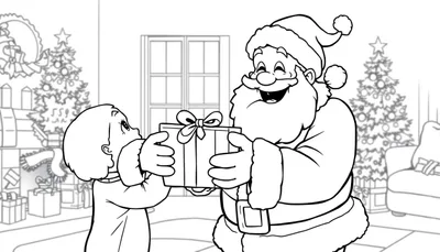 Una placa de color de Papá Noel sonriente dando un regalo a un niño feliz.