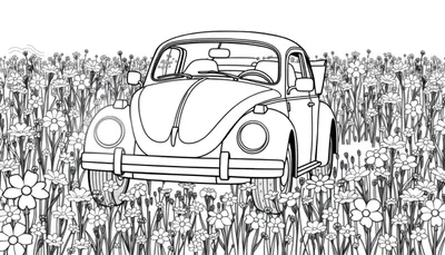 Un Vocho Volkswagen de color listo para pintar rodeado de flores.