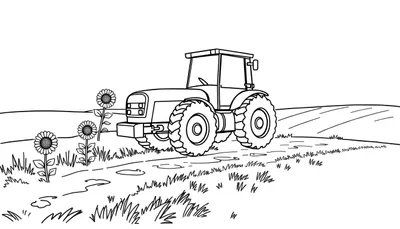 Un tractor de granja listo para colorear, con ruedas grandes y tres girasoles en un campo. Placa de color.
