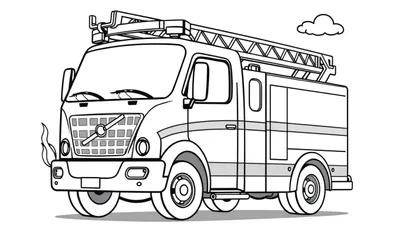 Un camión de bomberos de Volvo dibujado a mano, listo para colorear con su placa de color. Tiene una escalera desplegable y un emblema.