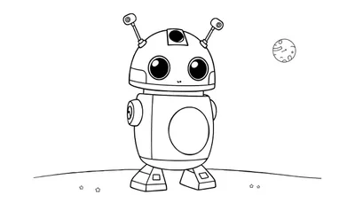 Un robot amigable de dibujos animados de Star Wars con grandes ojos redondos y antenas divertidas, esperando ser coloreado. Placa de color.