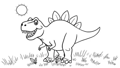 Dibujo lineal de un estegosaurio amigable con placas, listo para colorear, con sol y hierba. Cada placa de color será única.