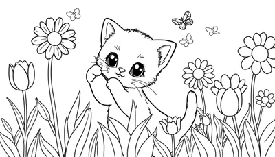 Placa de color con un gatito y flores.