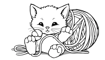 Placa de color de un gatito jugando con lana.