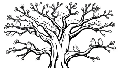 Un dibujo para colorear de un árbol grande con ramas donde se posan pájaros, con líneas gruesas.