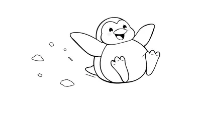 Pingüino sonriente deslizándose sobre hielo, listo para colorear en una placa de color.