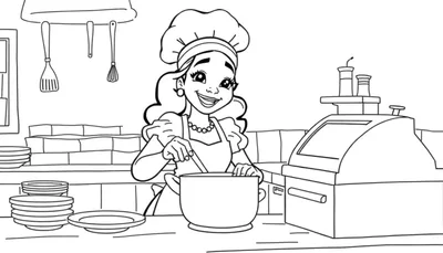 Página para colorear de Tiana con un gorro de chef y un delantal, mezclando en una olla, rodeada de elementos de cocina.