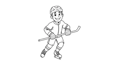 Un dibujo de un niño sonriente jugando al hockey sobre hielo, listo para colorear la placa.