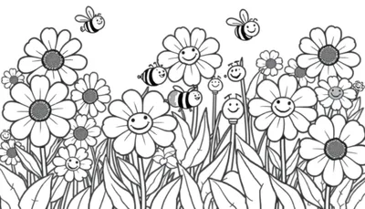 Placa de color para colorear de un jardín con flores sonrientes y abejas amigables.