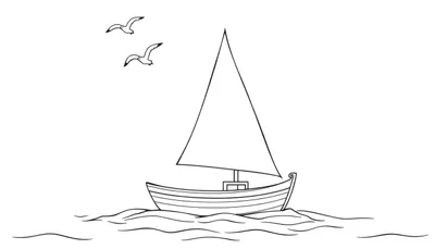 Una placa de color de un velero de madera con una vela triangular navegando sobre olas bajo un cielo con gaviotas.