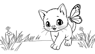 Placa de color de un gatito juguetón persiguiendo una mariposa en un jardín.