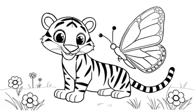 Placa de color de un cachorro de tigre juguetón con una mariposa.