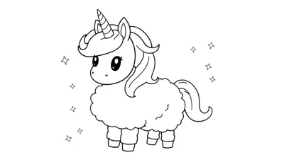 Placa de color de un unicornio esponjoso rodeado de estrellas.