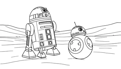 R2-D2 y BB-8 en un paisaje desértico listo para colorear, mostrando sus placas de color.