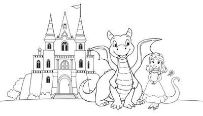 Placa de color de un castillo con un dragón y una princesa.
